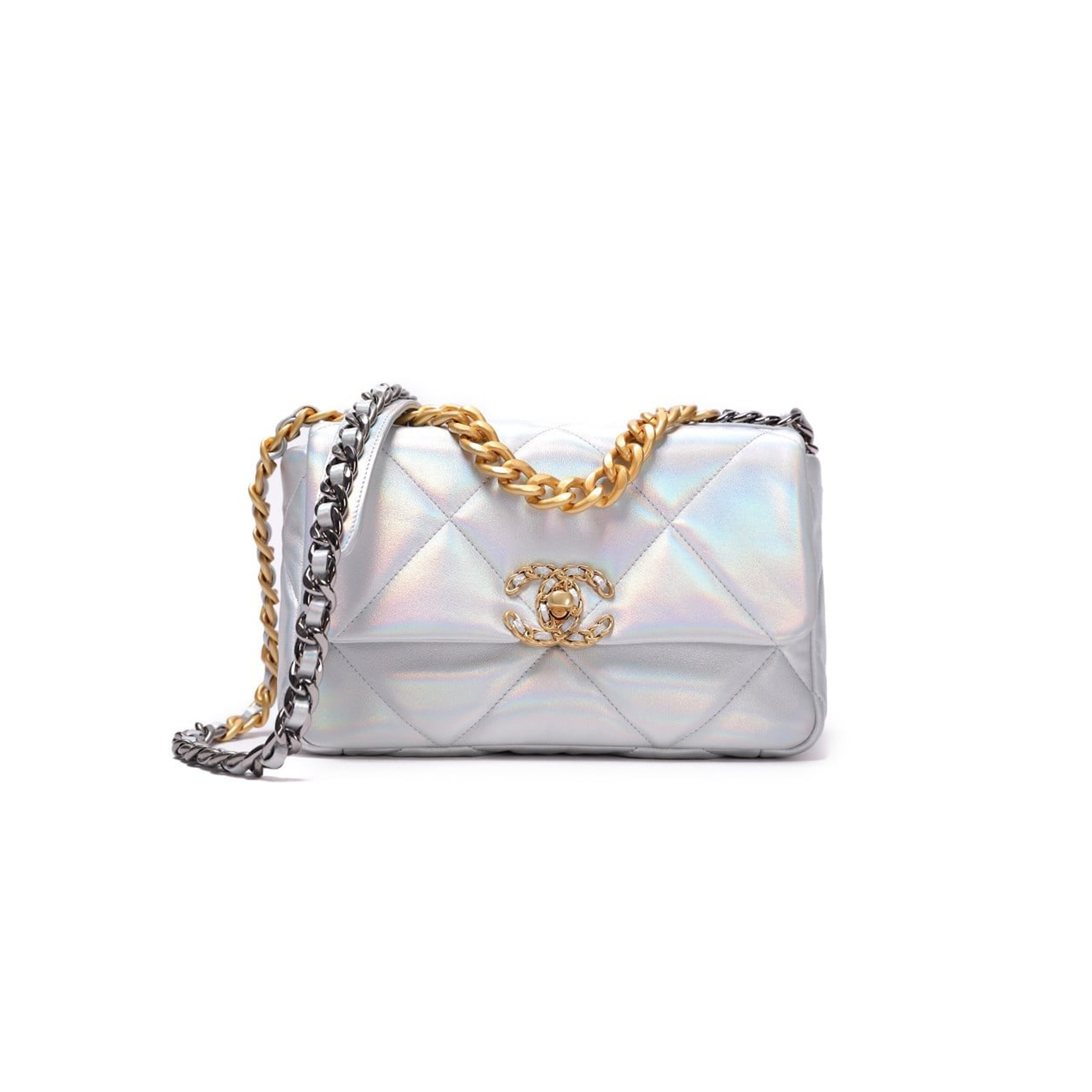 Ch*el iridescent calfskin quilted medium Ch*el 19 flap light gold purple blue as1160 (26*17*8cm)